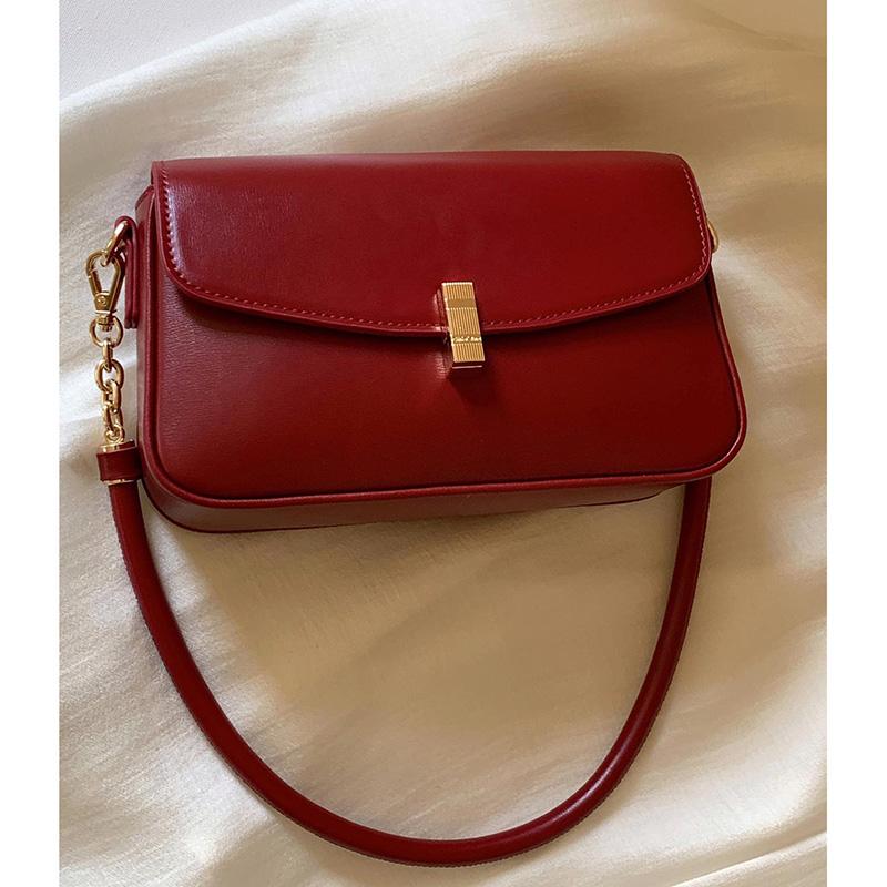 Fashion Red Texture Underarm Bag Chain Design Sense Casual Small Square Bag Women  New All-matching Solid Color Commuter Bag