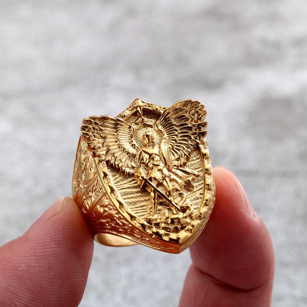 Vintage Stainless Steel Men's Ring Solid Punk St. Michael's Angel Dragon Slayer Ring