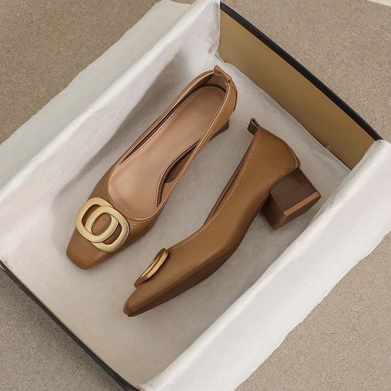 

Роскошные туфли на высоком каблуке с квадратным носком для женщин, весна и осень 2025, новая рабочая обувь, с мелким вырезом, на толстом каблуке, повседневная женская обувь 38 коричневый