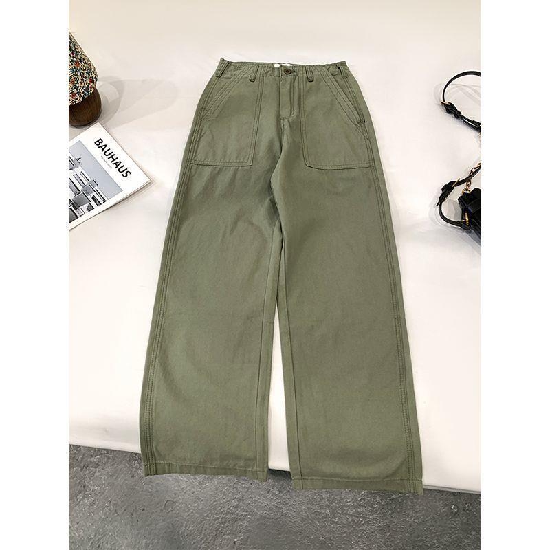 

American Retro High Waist Green Wide Leg Work Pants with Pockets 2XL (Suggest 67.5-70kg)