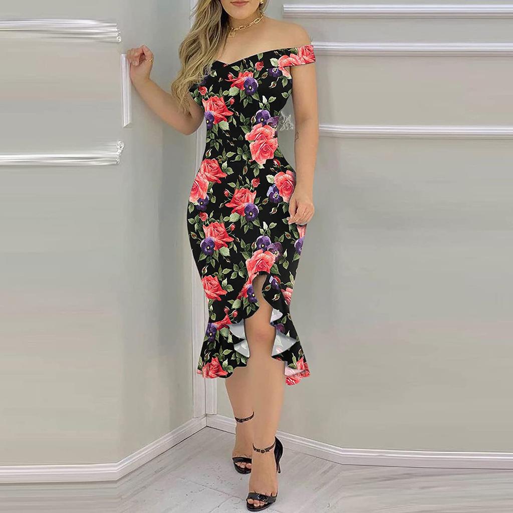 Fashion Women's Loose Sexy Prints One Shoulder Irregular  Ruffle Hip Dress