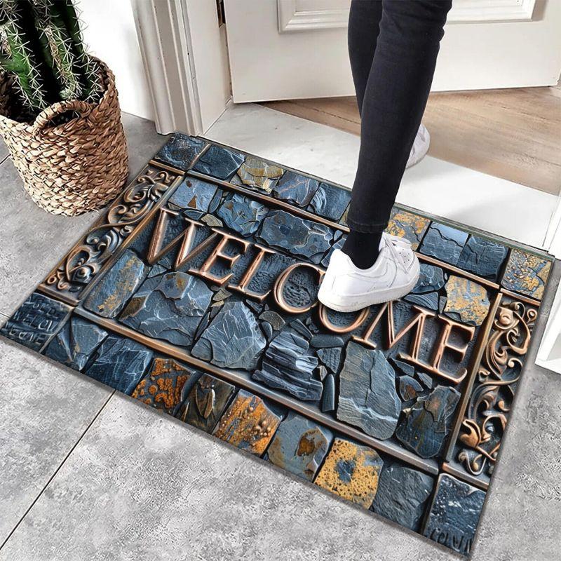 Welcome Cobblestone 3D Stone Pattern Doormat Non-Slip Rug Waterproof Machine Washable Polyester Carpet For Home Outdoor Decor