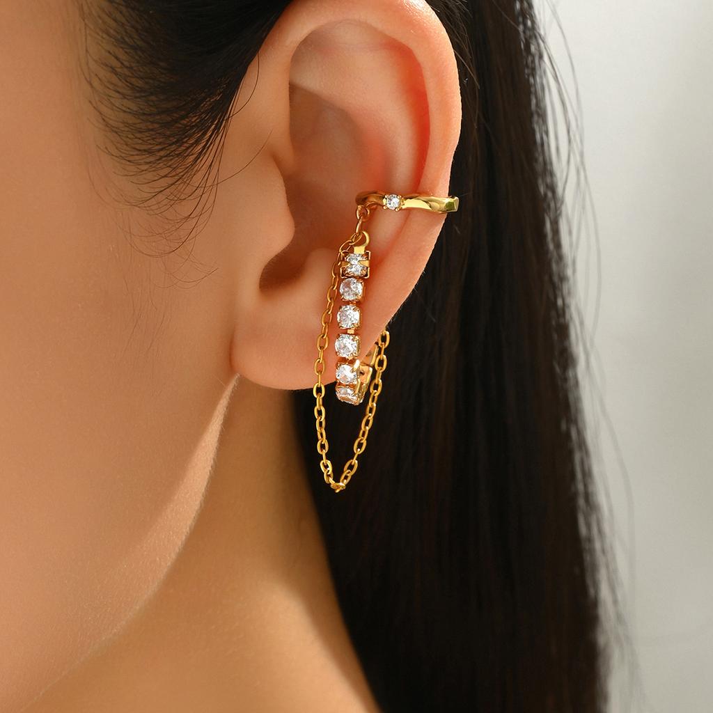 Fashion Double-layer Zircon Tassel Chain Cartilage Clip Earrings Women Gold Plated No Piercing Ear Cuff Luxury Wedding Jewelry
