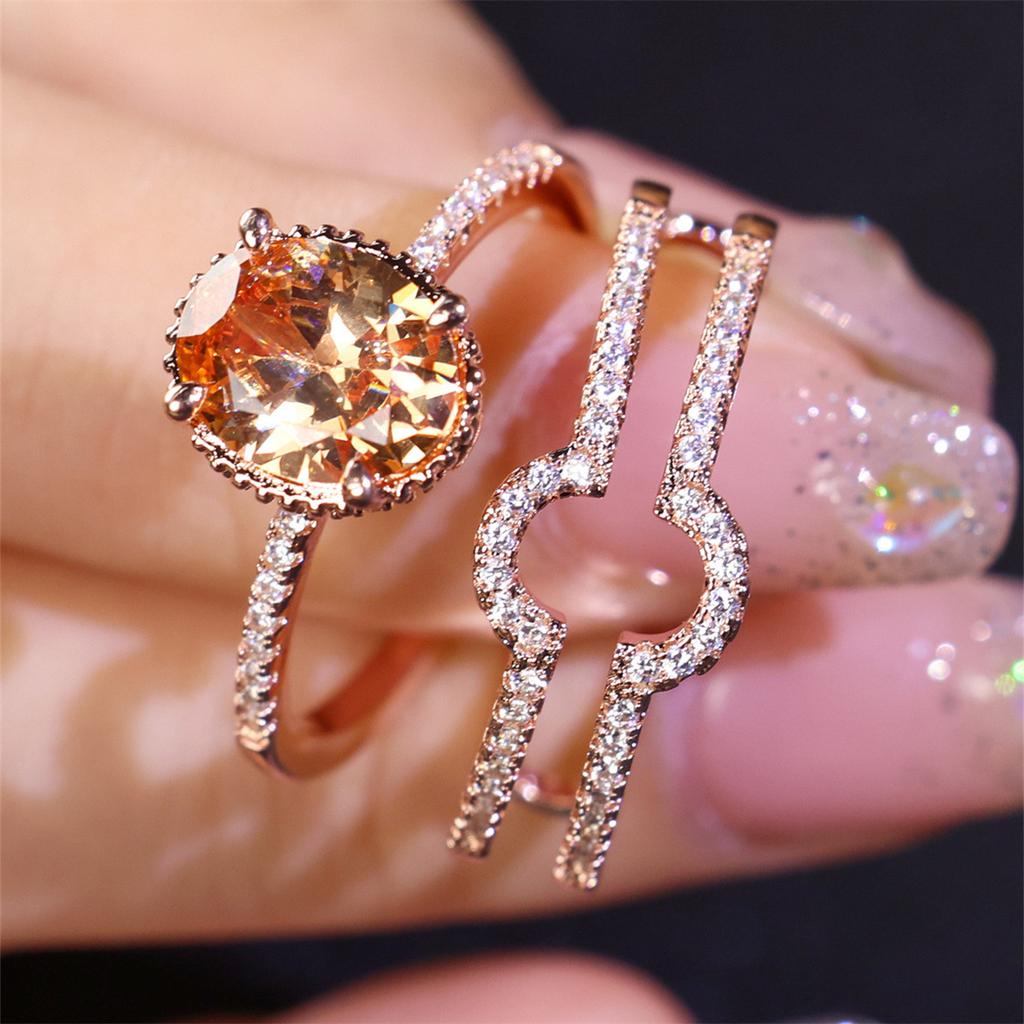 Ensemble de bagues de mariage en pierre de champagne ovale de couleur or rose, 2 pièces/ensemble, bijoux cadeaux pour la Saint-Valentin