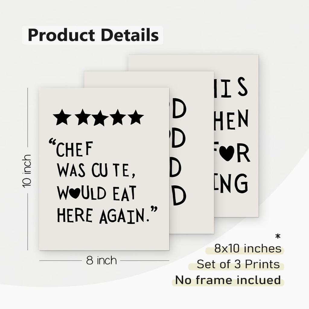 Funny Kitchen Decor Set of 3 - Five Star Rating Poster, Black Kitchen Quotes Decor Chef Was Cute Print, Chef Signs Decoration Trendy Cooking Art,