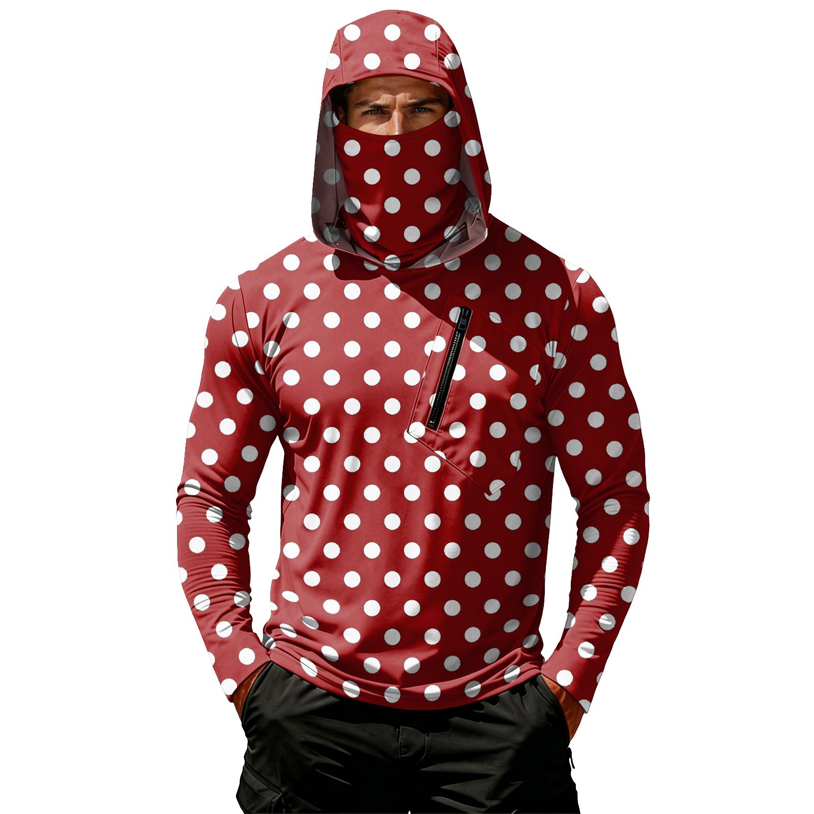

Men s Casual Long Sleeve Hoodie Sun Protection Shirt Lightweight Breathable Polka Dot Print Pullover with Front Zipper Pocket for Outdoor Activities S червоний