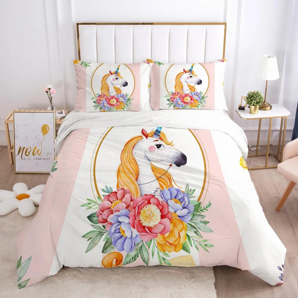 Cartoon Tiere Pferd Bettwäscheset, Kinder Bettbezug Mädchen Bett Geschenk, Niedliche Einhorn Print Bettwäschesets Bettwäsche Heimdekoration