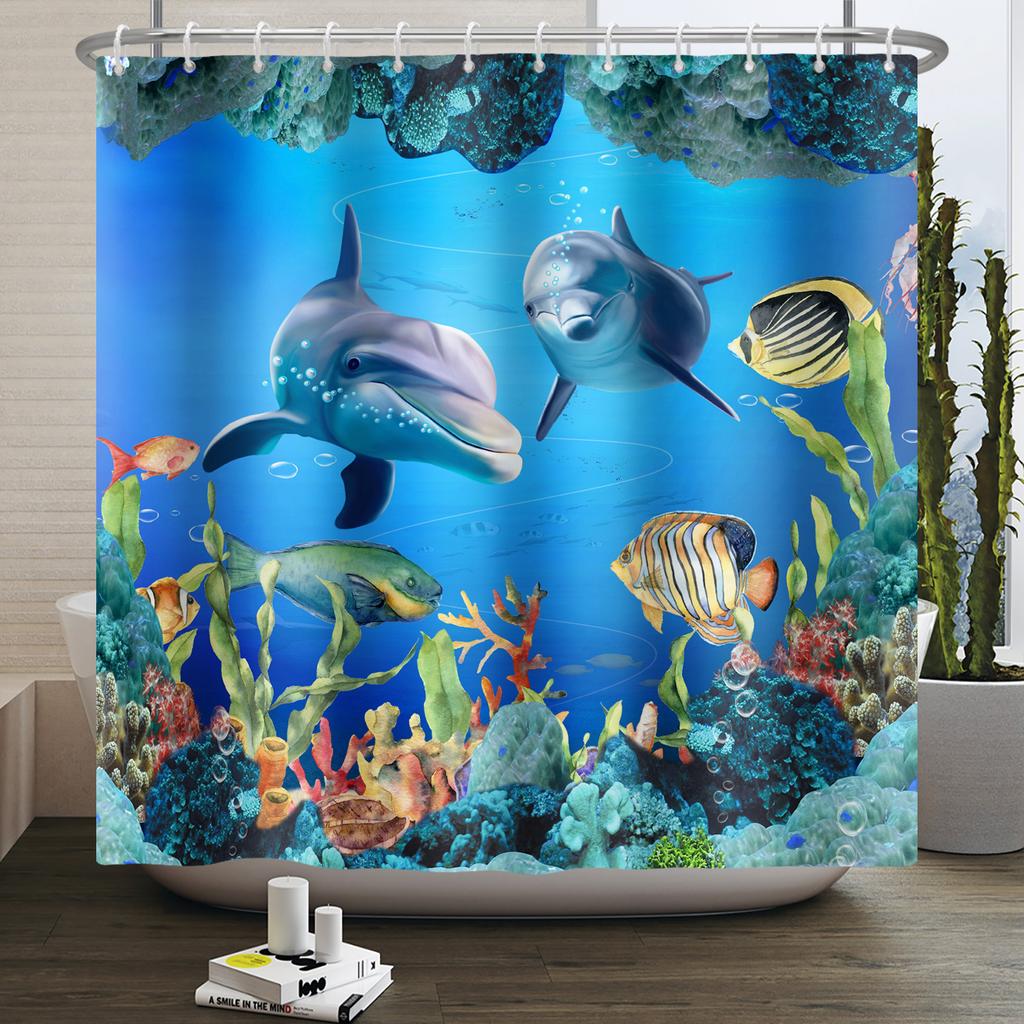 Underwater World Ocean Shower Curtain for Bathroom Seabed Animals Sea Turtle Dolphin Fish Waterproof Bathroom Curtain With Hooks