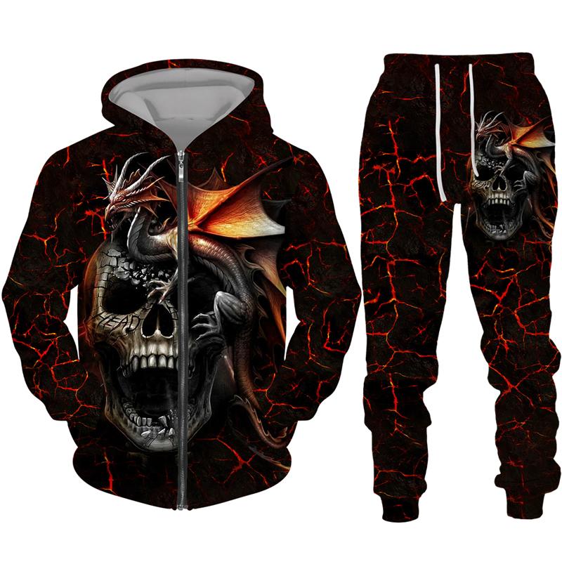 Sudadera con cremallera negra y pantalón con estampado 3D de calavera fresca, conjunto de chándal estilo gótico punk para hombre y mujer, conjunto de chándal 2026, disfraz de streetwear para Halloween