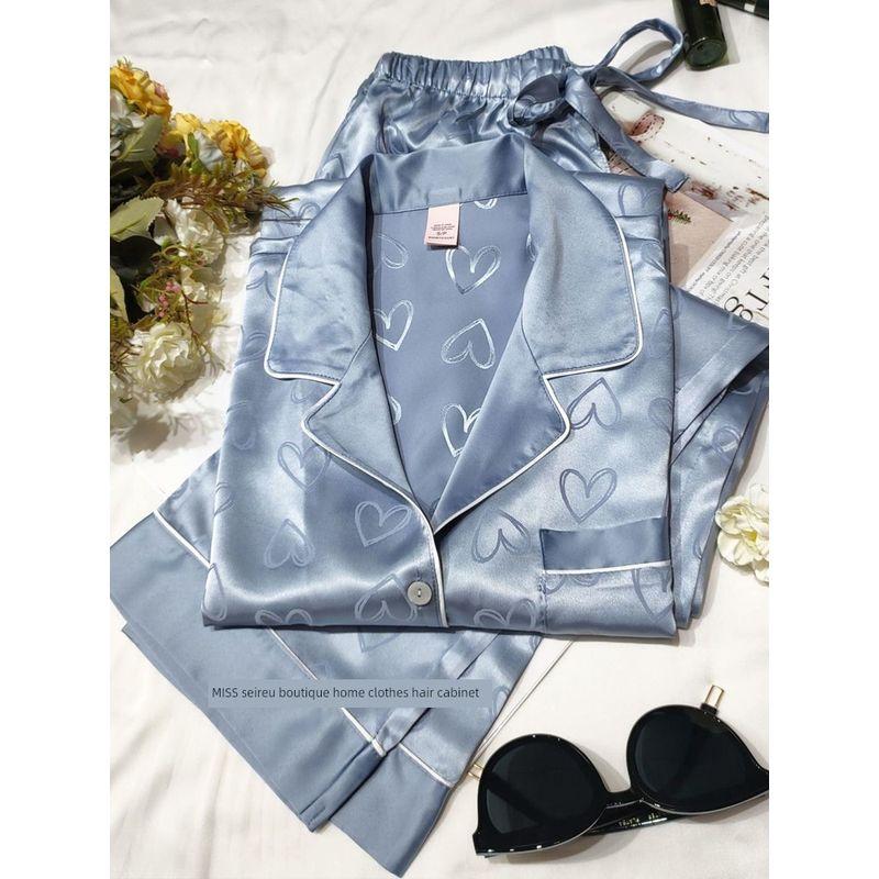 

Пижама женская Vido Champagne Fans из сатина с принтом Love, с длинным рукавом и брюками, с коротким рукавом, тонкий домашний комплект Blue [Long sleeves pants]] S