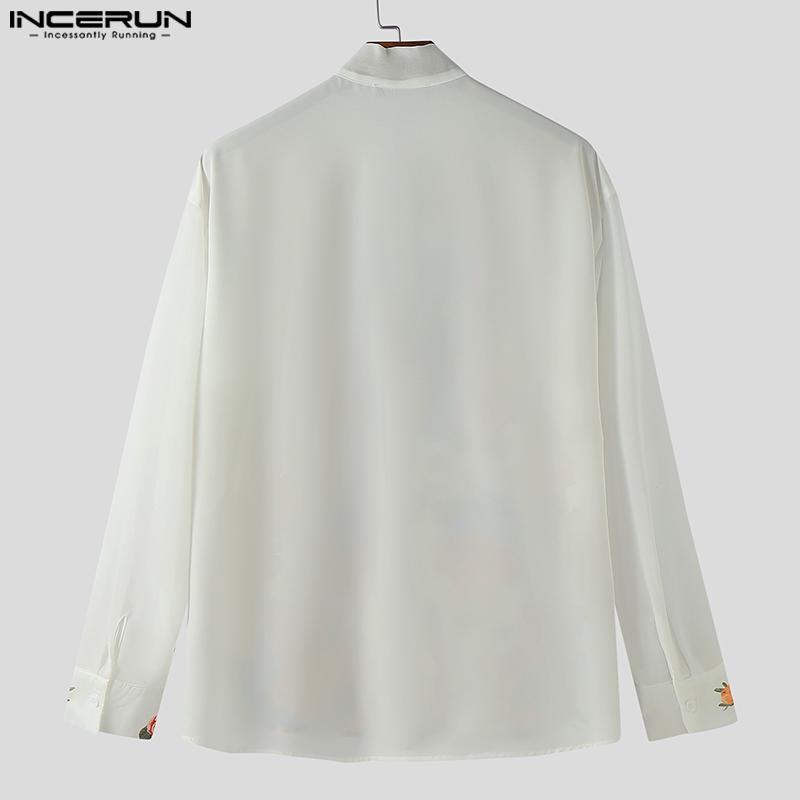 INCERUN Elegant Men Bow Tie Long Sleeve Printing Casual Loose Shirts Tops