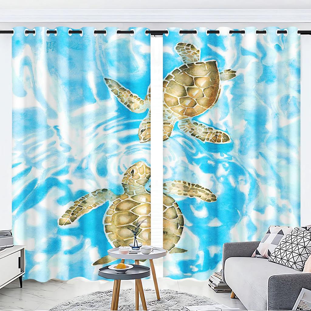 Cartoon Sea Turtles Curtain Sets, Window Decoration, 100% Polyester Shade, Bedroom, Living Room