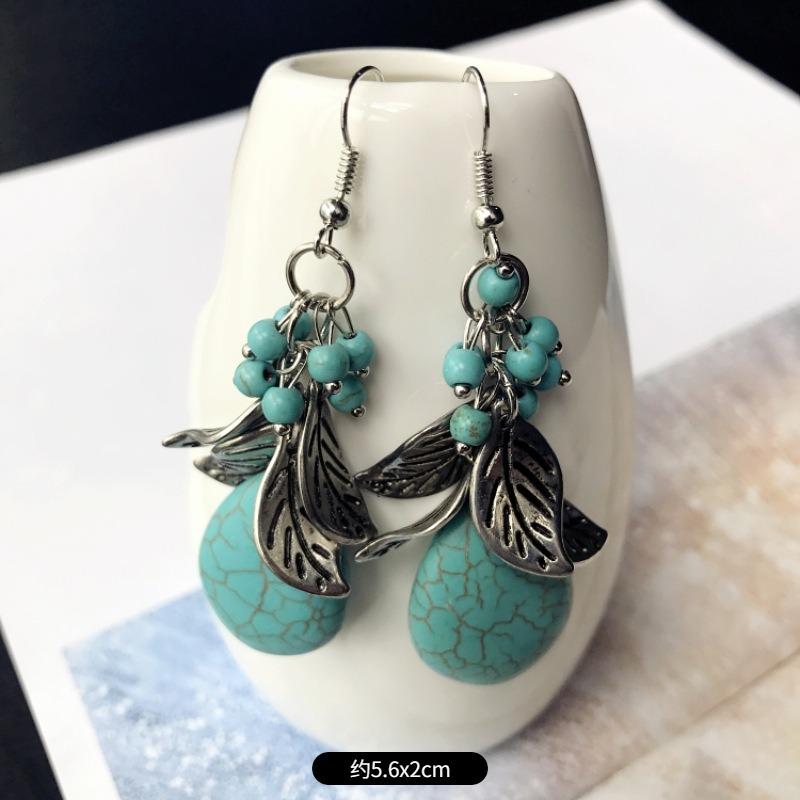 Temperament Retro Turquoise Earrings, Ancient Silver Water Drop Fringed Earrings, Women's Versatile Long Ear Jewelry
