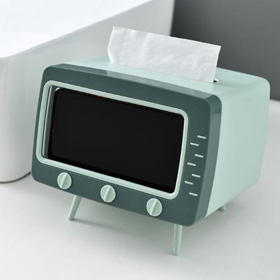 Tissue Box Holder Retro TV Shaped Tissue Case with Cell Phone Holder Multi-Functional Toilet Paper Napkin Dispenser for Room Bedroom Bathroom Dining