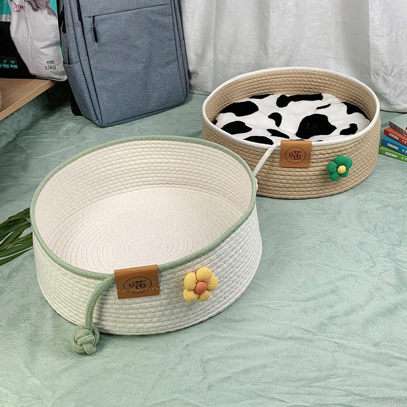 Pet Cat Bed Hand Woven Cotton Rope Cat Beds Cat Scratcher Bed All Seasons Breathable Kitten Nest Cat Sleeping Bed Pet Supplies