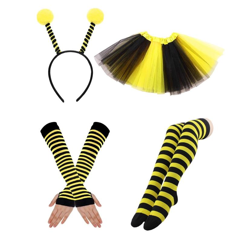 Bee Costume Set Bee Ear Headband Tutu Skirt Sleeve Sunglass Strip Sock for Kids Adult Halloween Christmas Animal Cosplay