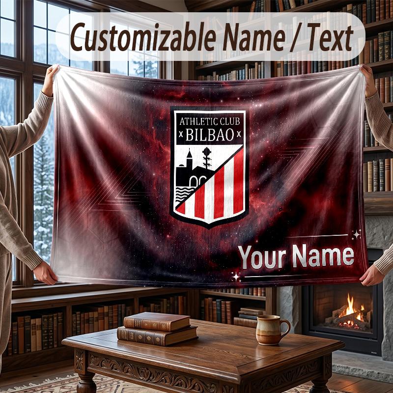 Custom Name Flannel Throw Blanket Athletic Bilbao FC Pattern Warm Home Decoration