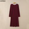 VONDA Autumn Women Long Sleeve Stitching Texture Rib Knitted Casual Bodycon Long Dress