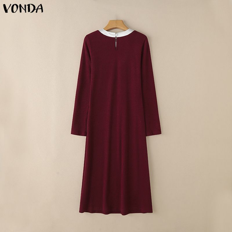 VONDA Autumn Women Long Sleeve Stitching Texture Rib Knitted Casual Bodycon Long Dress