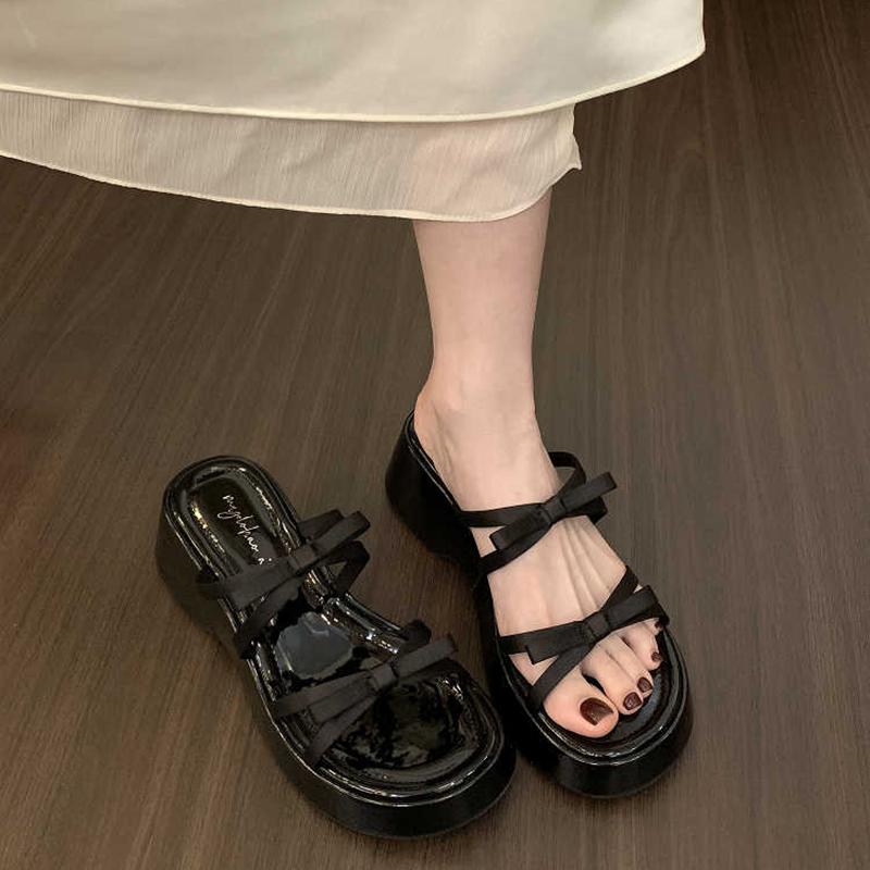 Butterfly-knot Platform Heel Women Slippers Concise Dress Street Style Slides Summer Ladies Outdoor Sandalias