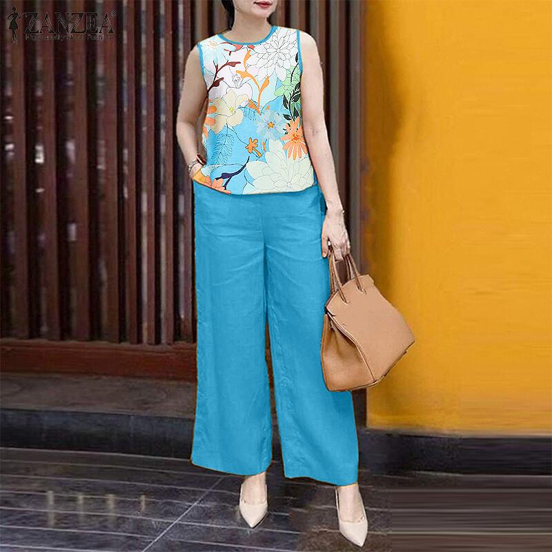 ZANZEA Women Sleeveless Print Tank Tops and Pants Summer Two Piece Suit Sets