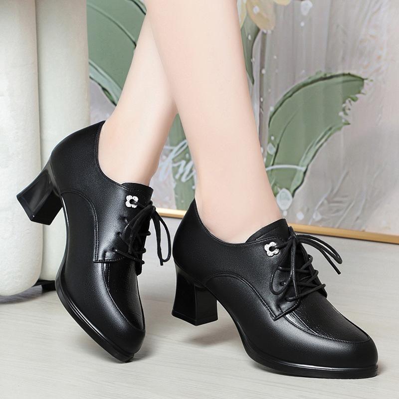 2026 new women's shoes spring and autumn single shoes women's high heels sub-lace-up women's leather shoes