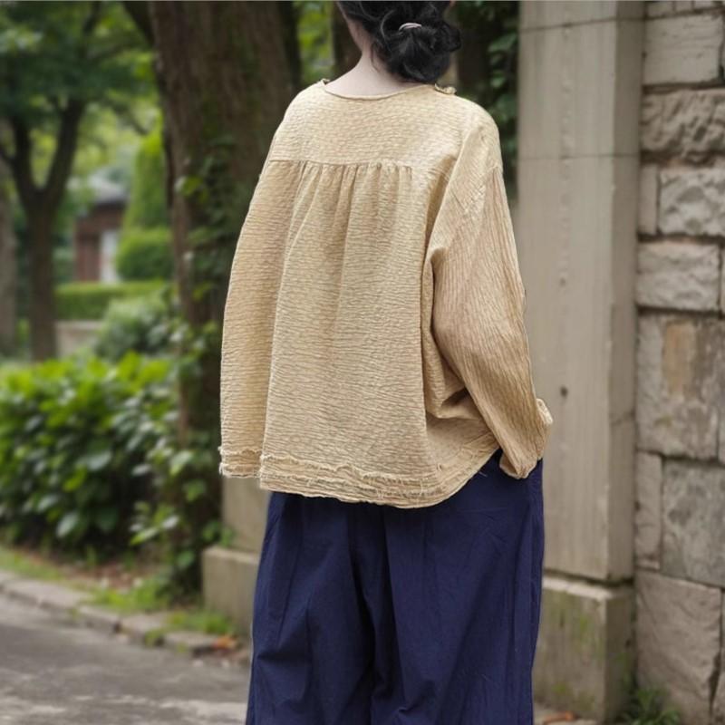 Johnature Women Chinese Style Shirts Tops V-Neck Long Sleeve Spring Blouses Patchwork Loose Vintage Shirts