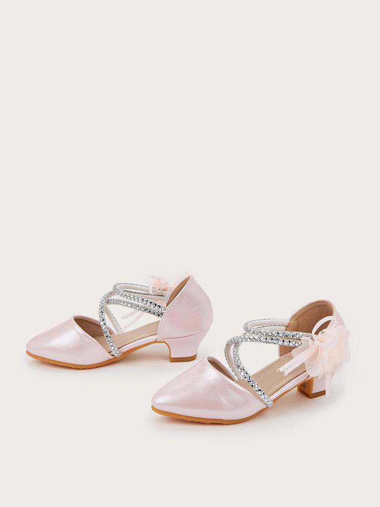 Girls' Pointed Toe Flower Princess Sandals - Chunky Heel, Hollow Design for Spring/Summer 2025