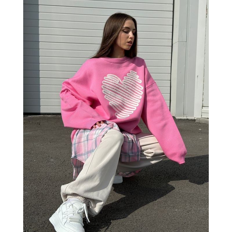 

Модный весенне-осенний свитер с сердечками, женский топ, нишевый темперамент, праздный стиль, темпераментный свободный трикотажный свитер Pink L