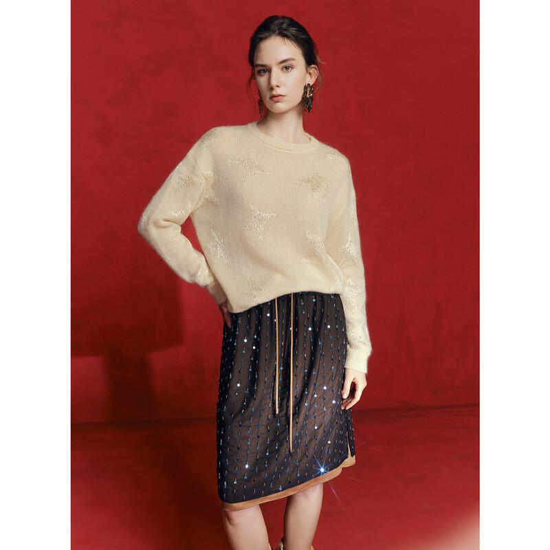 ELLE Women's Sequin Jacquard Round Neck Sweater