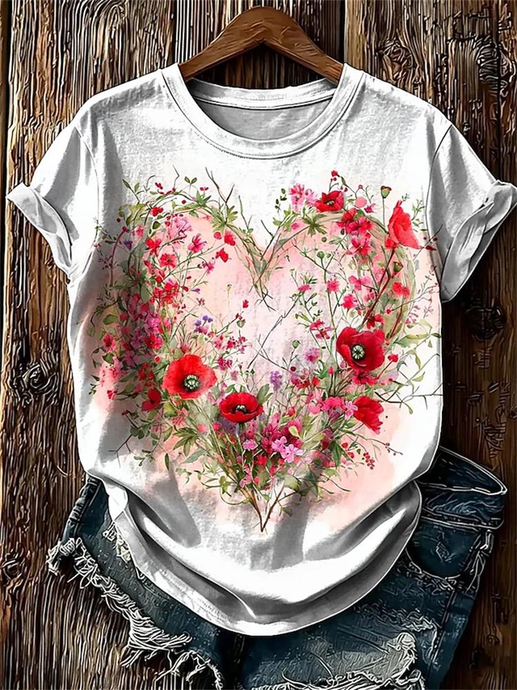 Unisexs Simple Crewneck Shortsleeve Tshirt Elegant Top With Colorful Floral Print Loosefitting Casual Shortsleeve Top