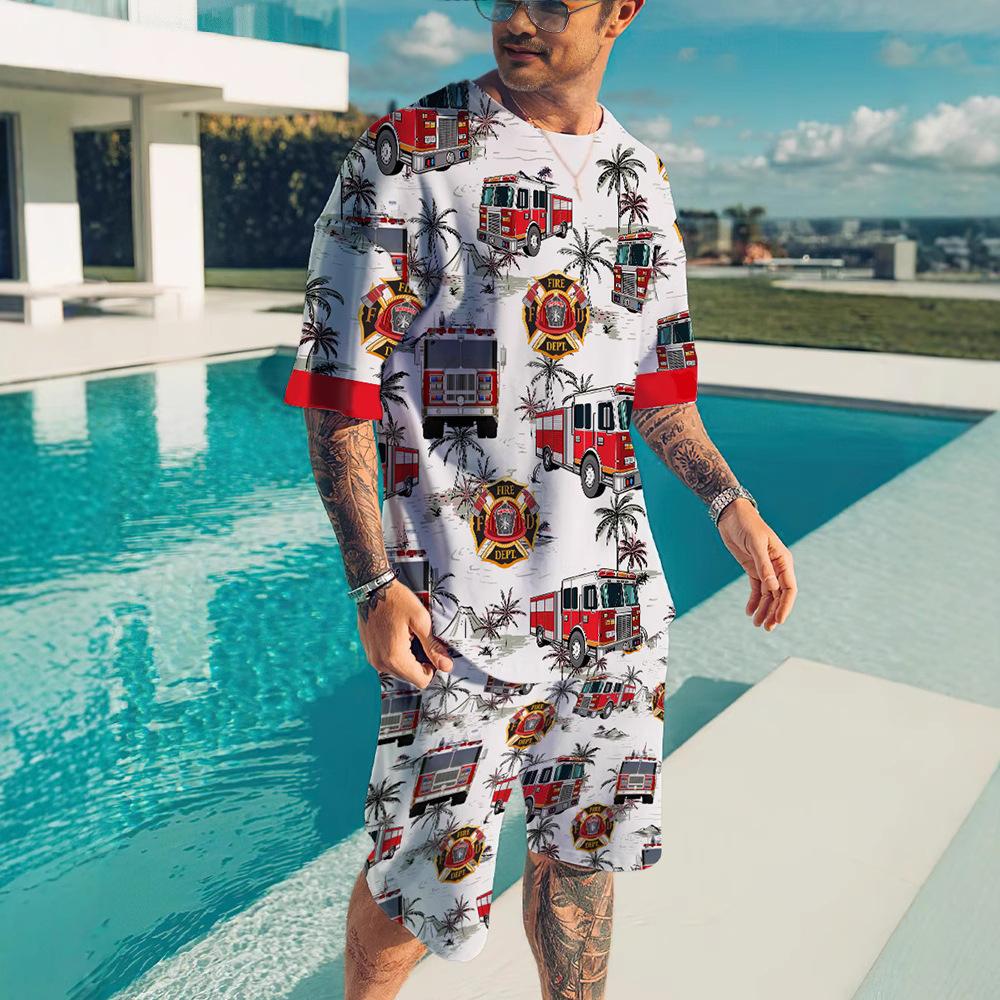 European and American summer new 3D digital print men's fashion casual set, T-shirt and shorts set