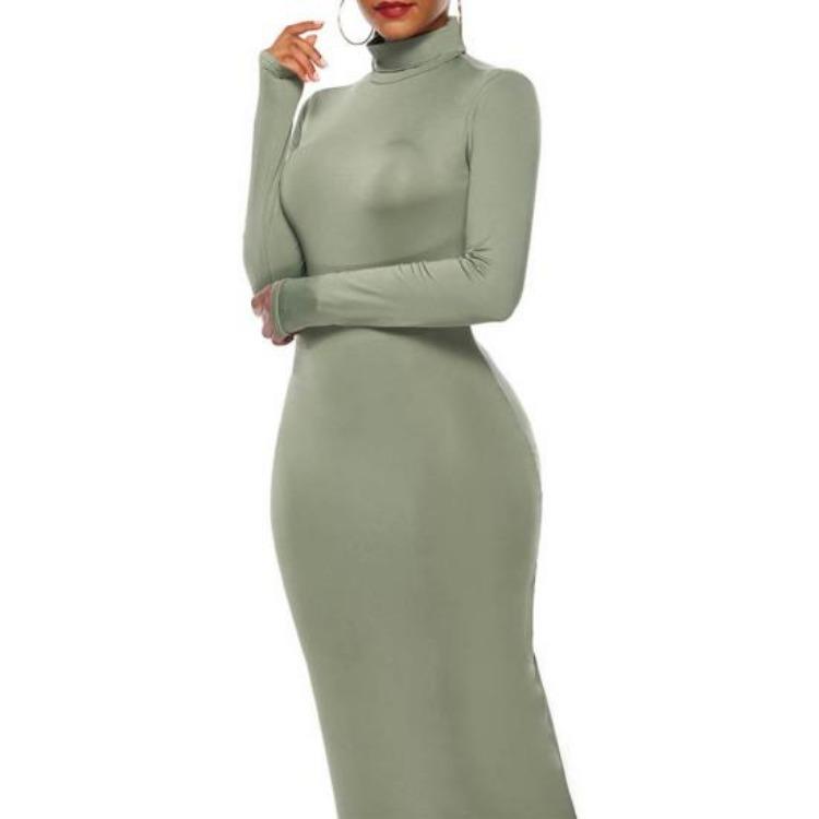 Stretchy Bodycon Long Dress Solid Color Turtle Neck Casual Womens Long Sleeve