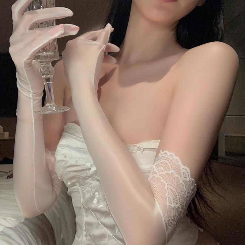 Long Satin Stretch Gloves With Lace Cuff Elbow Length Sheer Smooth Gloves For Wedding Evening Party Cosplay Costume Accessory