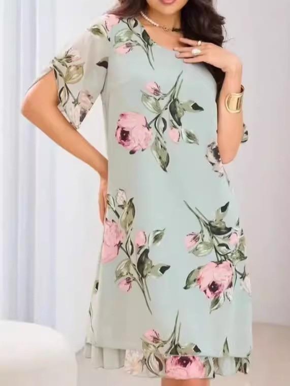 Abito Stampato Chiffon Moda Donna Ampio Girocollo Outfit Estivo