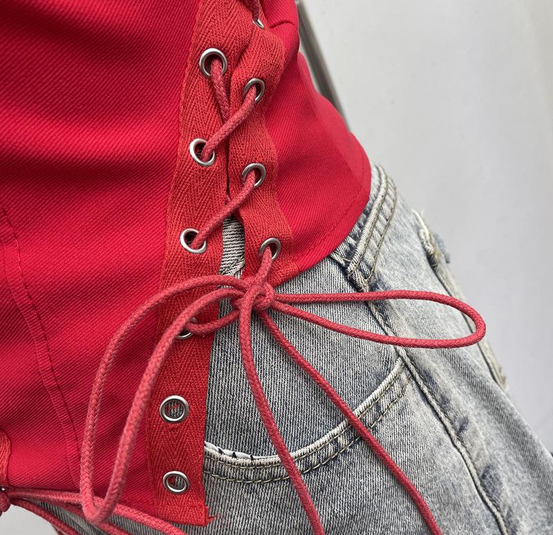 Cross-Border Hollow Lace-Up Bandeau Tank Top with Anti-Slip Strips and Waist Tie 8137