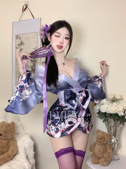 Domila Seductive Lingerie Sexy Deep V Flower Fox Dream Two-dimensional Open Placket Japanese Kimono Uniform Set