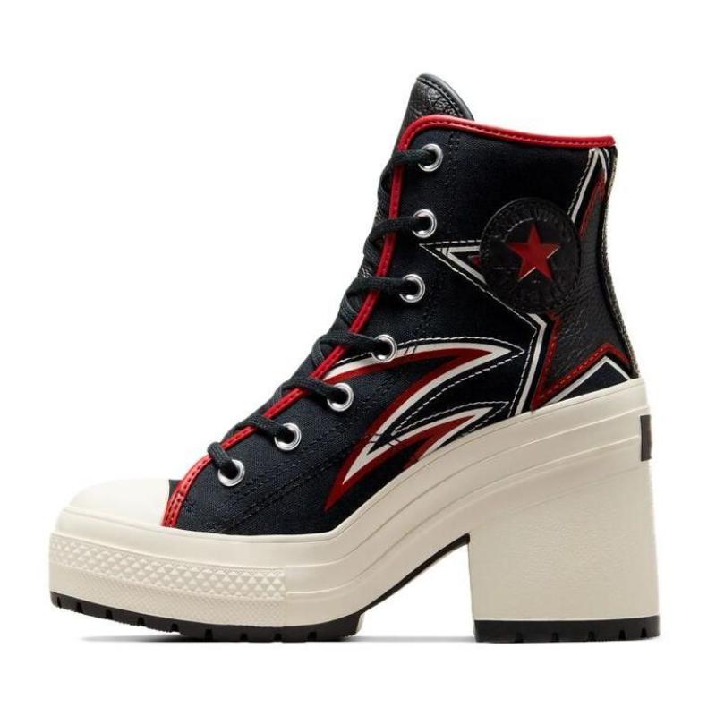 Converse Chuck 70 De Luxe Heel Moto Leather Canvas Round Toe Lace-up Block Heel High Heels Women's Black Red