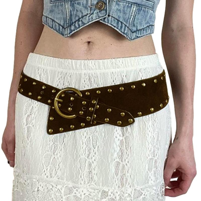 

Retro Punk Waist Belt Women Brown Basic Belt with Studded Rivets Waistband 1 коричневий