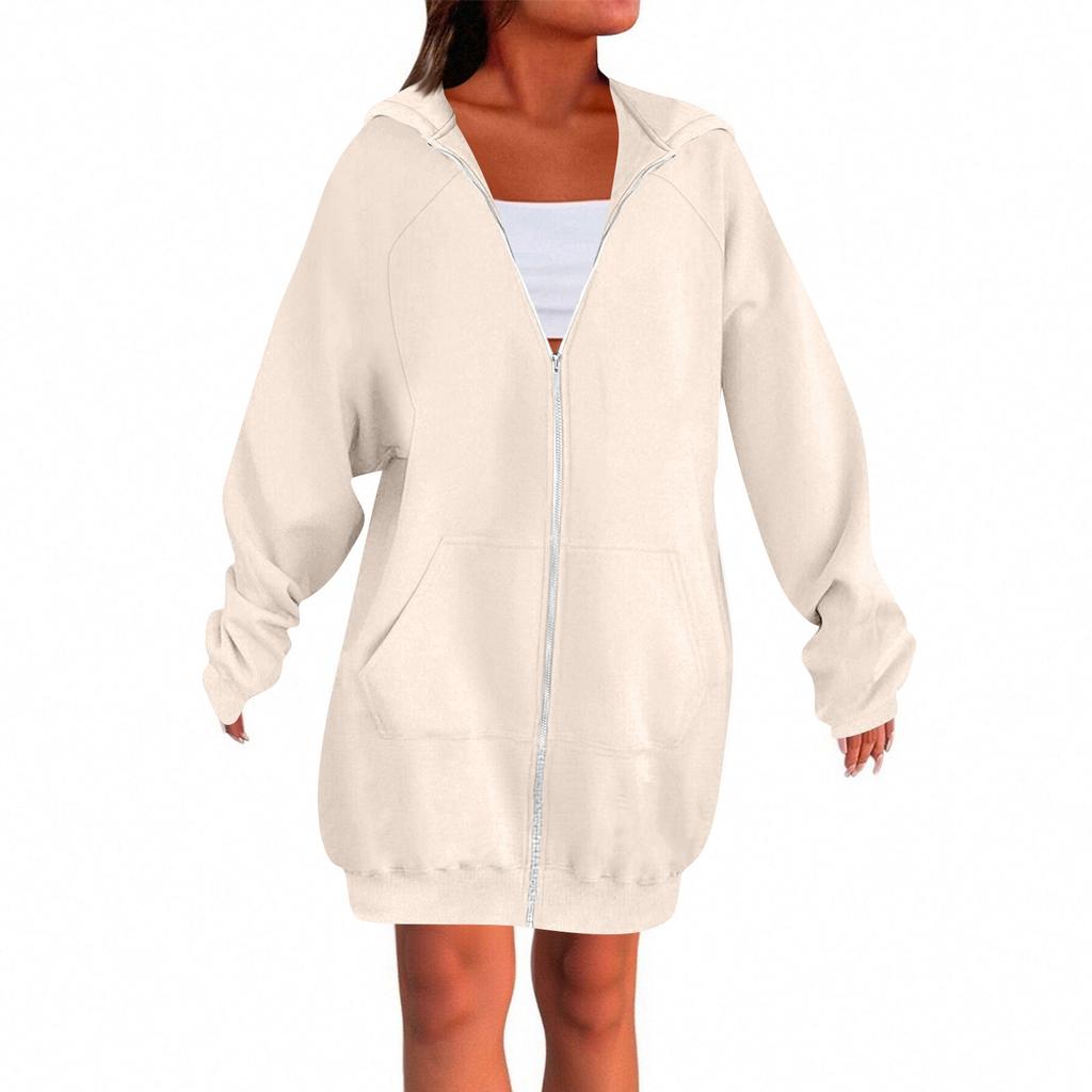 Women's Solid Color Zippered Sweatshirt Top Daily Casual Raglan Long Jacket (Without Hood Drawstring)