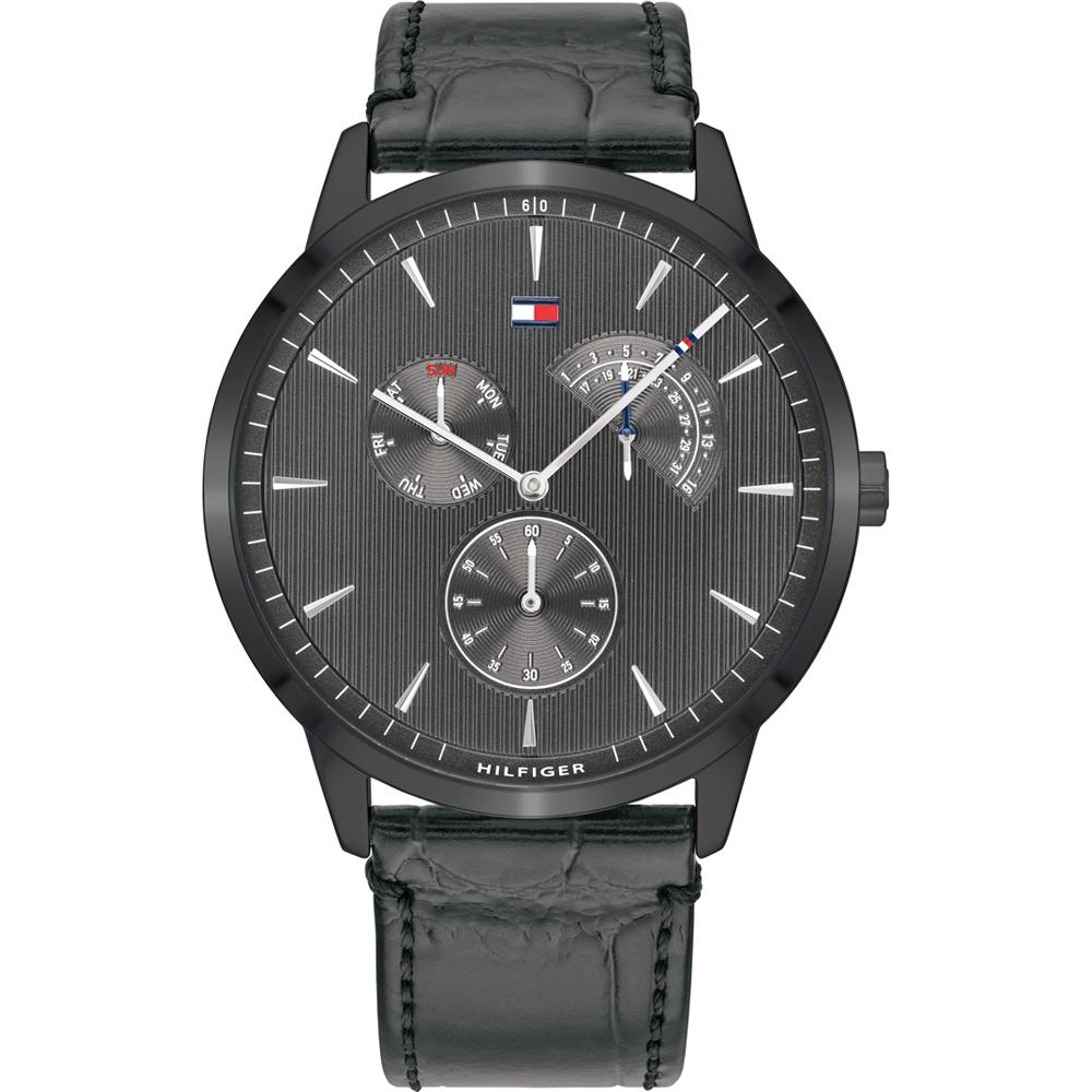 Tommy Hilfiger Brad Black Dial Grey Leather Strap Men s Quartz Watch 1710388 чёрный