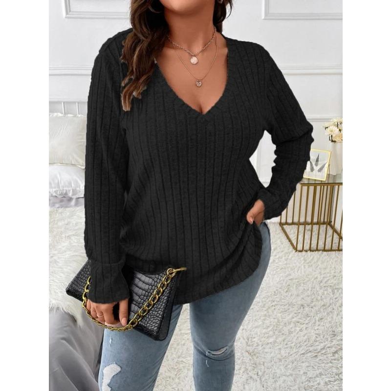 

New Spring Autumn Solid Color Women s Tops V-neck Long-sleeved Pit Striped Brushed T-shirt Loose Pullover XL чёрный