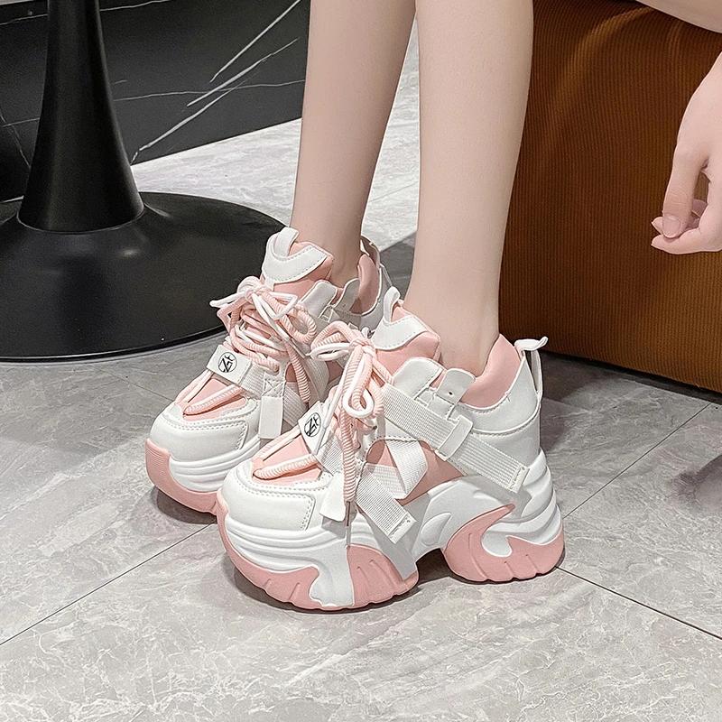 Fashion 10.5CM Women Casual Leather Sneaker Autumn Lace Up High Platform Shoes Thick Sole Sport Dad Shoes Woman Sneakers Chaussure Femme