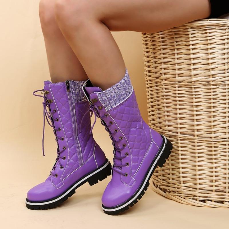 Fashion High-quality Winter Warm Boots Women's Winter Side-pull Lace-up Knitted Mid-tube Boots Low-heeled Round-toe Boots Botas De Mujer