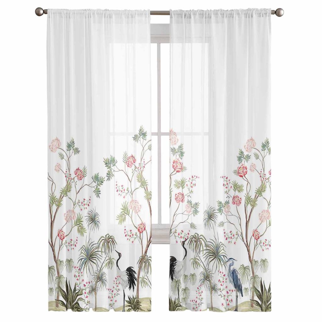 China Wind Crane Peach Tree Plant Palm Leaf Tulle Sheer Curtains For Living Room Bedroom Kitchen For Windows Voile Drapes