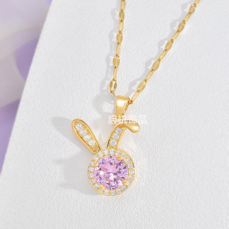 Wind Pink Zirkonium Kaninchen Halskette Damen Leichter Luxus Schlicht Vielseitig Niedlich Mikro-Eingefasster Anhänger