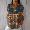 Women's Fashion 3/4 Sleeve Casual Lapel Back Tie Independence Day Printed T-shirt Top