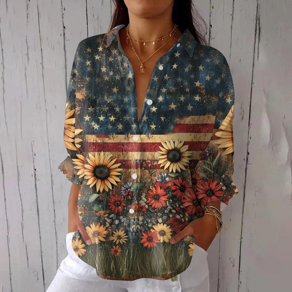 Women's Fashion 3/4 Sleeve Casual Lapel Back Tie Independence Day Printed T-shirt Top