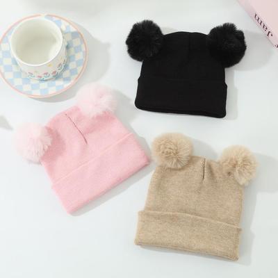 Core-Spun Yarn Double Pom-Pom Thick Knitted Hat for Autumn/Winter - Warm and Cute Style for Kids