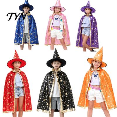 Dreamy Gold Edge Witch Costume Kids Wizard Cloak with Hat for Boys Girls, Halloween Kindergarten Activities Cape Prop Party Cosplay